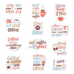 Coffee lettering vector coffeecup quote phrase hot drink mug inspiration coffeetime calligraphy style typography illustration isolated on white background