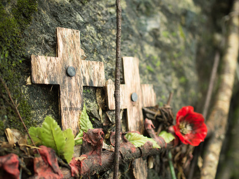 Cross memorial to prisoner of war at Hellfire Pass, Kanchanaburi, Thailand