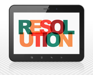 Law concept: Tablet Pc Computer with Painted multicolor text Resolution on display, 3D rendering