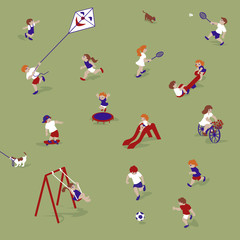 Vector Illustration of children playing at the children's playground. Characters set.