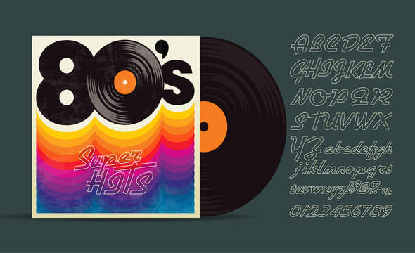 80's music mix. Vintage retro font. Fashion, graphic background style. Disco party 1980, dance night night. Radio popular playlist. Easy editable for Your design.