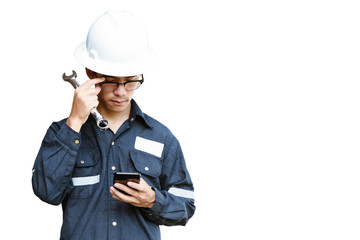 Asian man,Engineer or Technician in white helmet, glasses and blue working shirt suit holding smart phone, isolated on white, mechanic and Oil and Gas industrial concept with clipping path