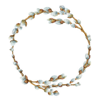Hand painted watercolor wreath with willow branches. Easter decor element