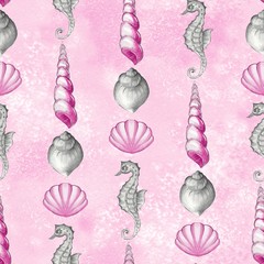 Seashells background. Watercolor seamless pattern 4