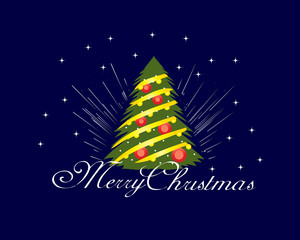 merry christmas with tree,script lettering and rays,stars , illustration design, with dark background