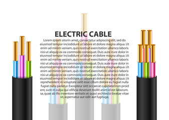Electric cable background. Broken power cable. Stranded copper cable in double insulation. Vector realistic illustration.