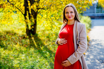 Pregnant woman walking in a park