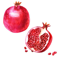 Watercolor illustration. An image of a pomegranate, halves of a pomegranate and pomegranate grains.