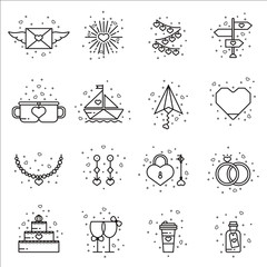 Collection of love, Valentine's Day, romantic outline icons. Set of wedding and dating elements and symbols for marketing and promotions materials, banners, flyers, invitation cards and posters.
