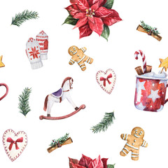 Stoffe zum Nähen Aquarell Weihnachten Musterdesign mit traditionellen Elementen. Tanne Äste, Ingwer Mann, Herzen aus Filz, Fäustlinge, Weihnachtsstern, Pferd rocking, rote Becher mit heißem Kakao, Zimt und Marshmallow.