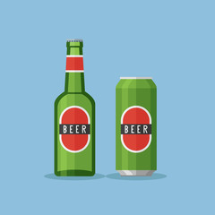 Green bottle and can with beer on blue background. Flat style vector illustration.