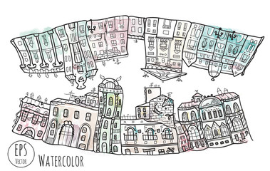 Vector watercolor print with town.