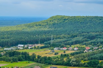 Naklejka premium Summer rural landscape. Homes in the countryside among the green hills.