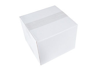 White closed cardboard box taped up and isolated on white background