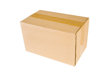 Closed cardboard box taped up and isolated on white background