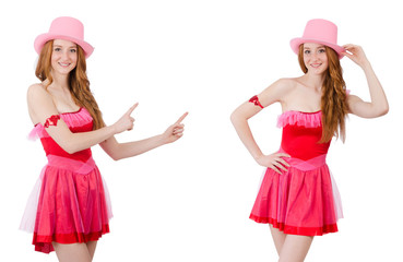 Pretty young wizard in mini pink dress isolated on white