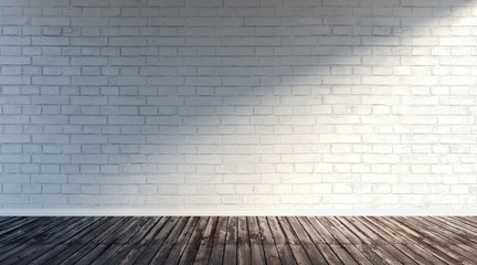 3d rendering illustration of big modern empty room with white brick wall and rough wooden floor. Underground showroom with right side light, morning light.