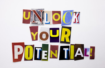 A word writing text showing concept of Unlock Your Potential made of different magazine newspaper letter for Business case on the white background with copy space