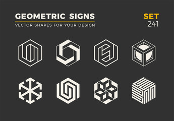 Set of eight minimalistic trendy shapes. Stylish vector logo emblems for Your design. Simple geometric signs collection.
