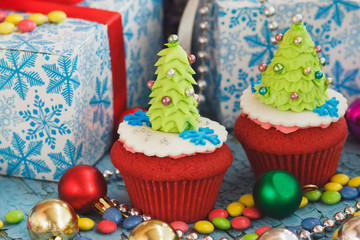 Christmas cupcakes with colored decorations