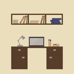 The interior of the room with a table, computer, desk lamp, bookshelf and books. Flat design. Vector illustration of college library for the concept of education.