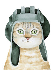 Portrait of a red tabby pet kitten dressed in a green military camouflage tankman helmet. Hand drawn watercolor illustration, isolated on white background. Holiday greeting card, army congratulations.
