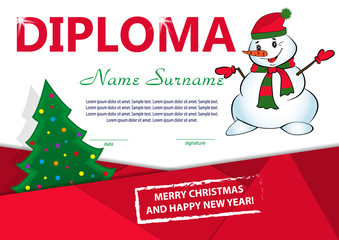 Christmas template diploma or certificate. New year reward with Christmas tree and snowman. Vector