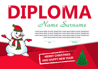 Fototapeta na wymiar Christmas template diploma or certificate. New year reward with Christmas tree and snowman. Vector