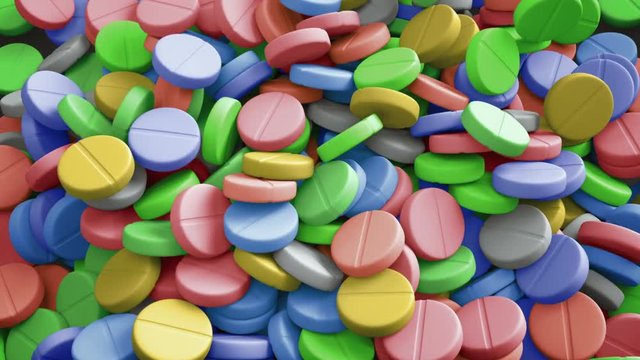 Colorful round tablets are falling down and filling the screen.
Animation of falling medicine on dark background.
