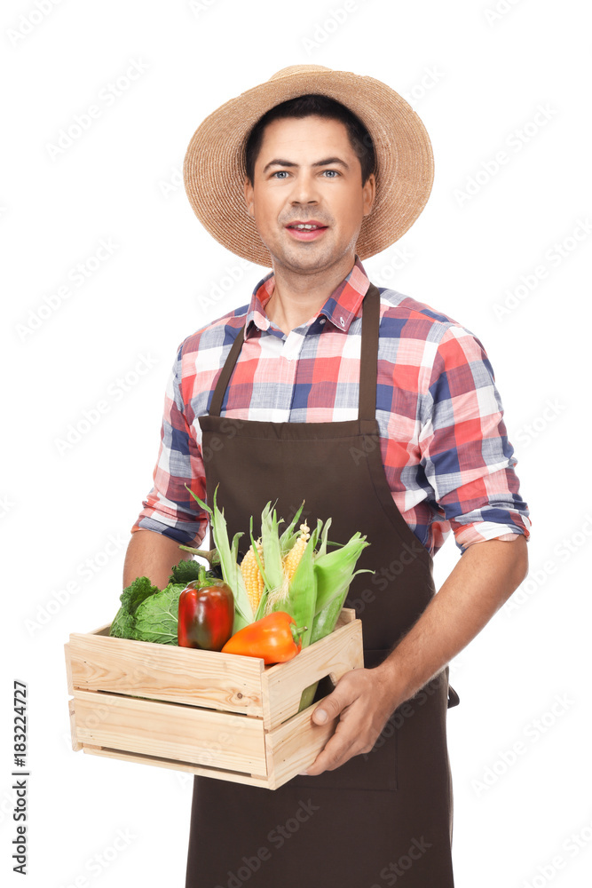 Poster agronomist with healthy vegetables on white background