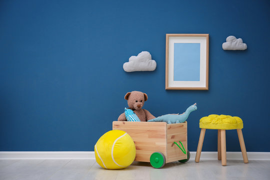Children's room with bright color wall, interior details