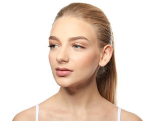 Beautiful woman with long eyelashes on white background