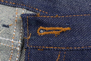 Close up of blue jeans button hole