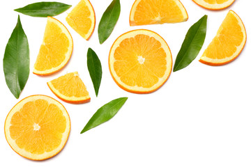 Fototapeta na wymiar healthy food. sliced orange with green leaf isolated on white background top view