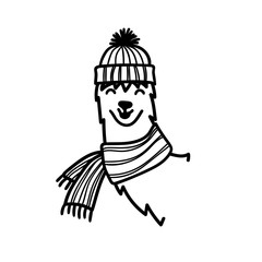 Vector illustration of cute character south America lama in winter hat and scarf. Isolated outline cartoon baby llama. Hand drawn Christmas Peru animal guanaco, alpaca, vicuna. Drawing for print.