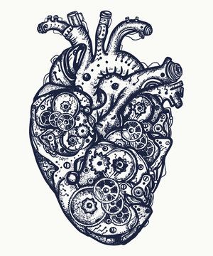 Mechanical heart tattoo. Symbol of emotions, love, feeling. Anatomic mechanical heart steam punk t-shirt design