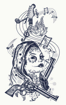 Santa muerte girl and electric guitar, roses and music notes tattoo. Symbol of rock music, musical festivals. Electric guitar tattoo art