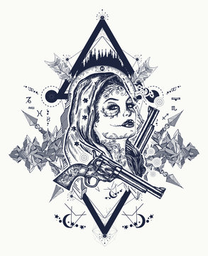 Mexican criminal tattoo art and t-shirt design. Wild west woman and mountains tattoo. Santa muerte girl. Sugar Skull. Santa Muerte mexican woman, old revolvers, crime scene