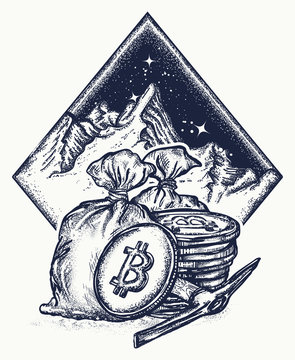 Bitcoin and mountains, new gold rush tattoo and t-shirt design. Cryptocurrency bitcoin mining symbol. Golden coins with bitcoin.