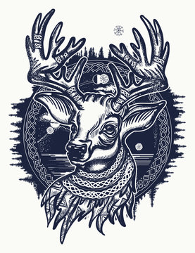 Christmas reindeer. Symbol of winter, new year, Christmas. Beautiful reindeer portrait tattoo art. Deer and forest tattoo and t-shirt design