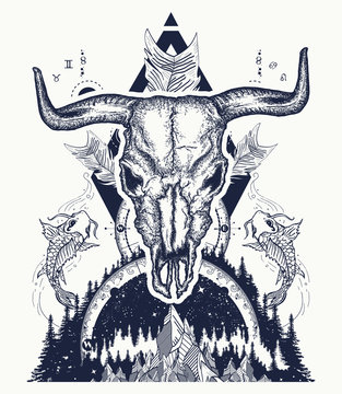 Bull skull and mountans. Compass, carps and crossed arrows tattoo and t-shirt design. Boho style, adventure, travel. Trbal tattoo. Magical symbols astrology, alchemy, meditation