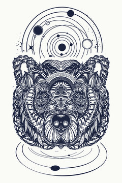Bear and universe tattoo and t-shirt design. Northern grizzly bear, symbol of force, wild nature, outdoors. Ornamental celtic bear head tattoo