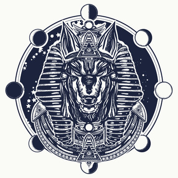 Anubis and moon phase tattoo and t-shirt design. Ancient Egypt Anubis, god of war, Golden Mask of the Pharaoh, symbol of next world, kingdom of dead tattoo art