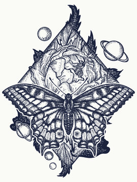 Butterfly, rose, and universe tattoo, geometrical style. Beautiful Swallowtail boho t-shirt design. Mystical symbol of freedom, nature, tourism. Realistic butterfly art tattoo for women
