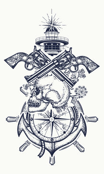 Skull and guns, anchor, steering wheel, compass, lighthouse, tattoo art. Symbol of maritime adventure, pirate, criminal. Pirate skull, revolver, anchor and lighthouse t-shirt design