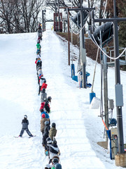 People are having fun in downhill skiing and snowboarding 