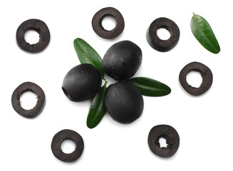 Marinated slices black olives isolated on white background. top view