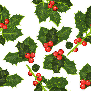 Seamless pattern of holly branches. Happy Christmas Background!