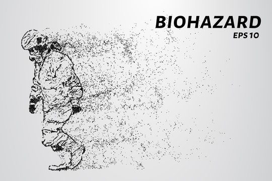 The biohazard of the particles. Man in protective suit. Vector illustration