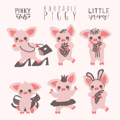 Cute pig set. Piggy girl funny, adorable collection. Graphic print set, stickers, emoji. Piglet with strawberry, flowers, bow, ballerina, carrot, bag. Little princess pig